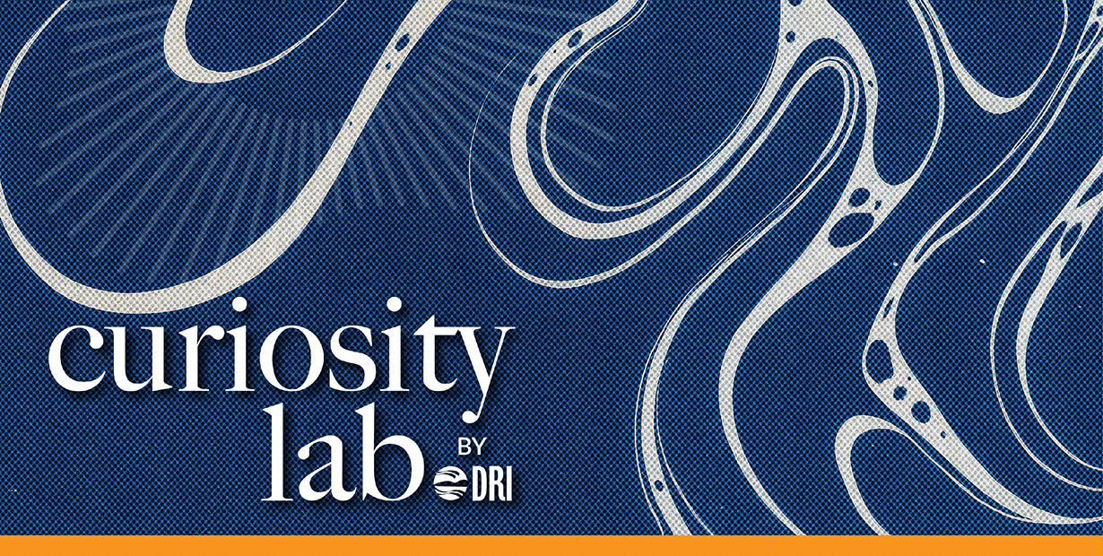 Curiosity Lab by DRI sunburst logo over an image of white swirls on a blue background resembling water.