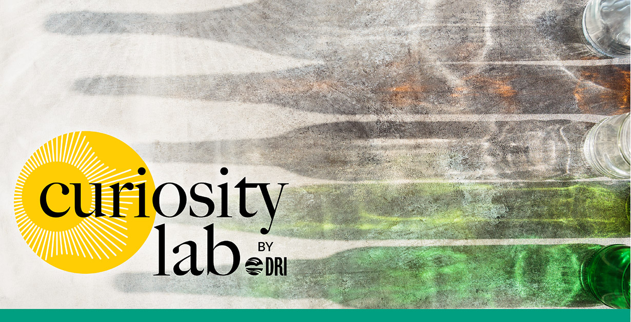 Curiosity Lab by DRI sunburst logo over an image of a blurry overlay obscuring multicolored bottles underneath.
