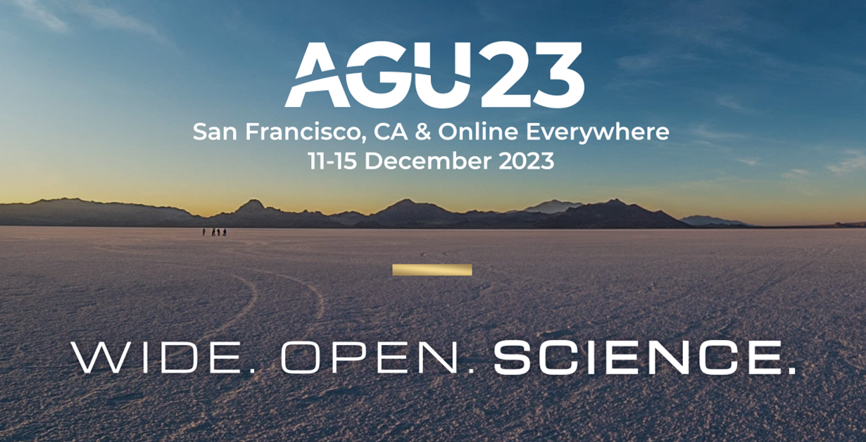 AGU23 Image of the desert playa with overlay of text: AGU23 San Francisco, CA and Online 11-15 December 2023.