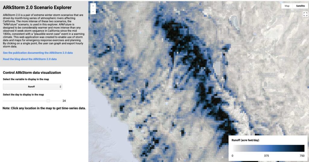 Digital image in varying shades of black, blue, and white showing severe flooding.