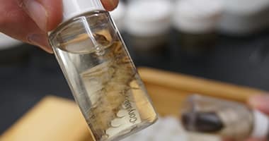 John Umek showing water bug specimen in a vial