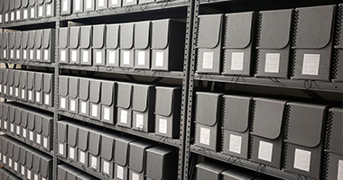 Metal shelves with archival boxes with labels.