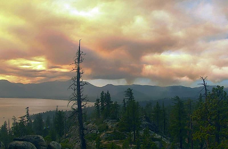 Heavy ash-laden smoke billowed into the Lake Tahoe basin during the Caldor Fire