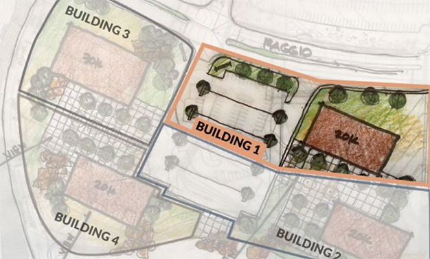 Screenshot Hand drawn map of the area with building 1 highlighted