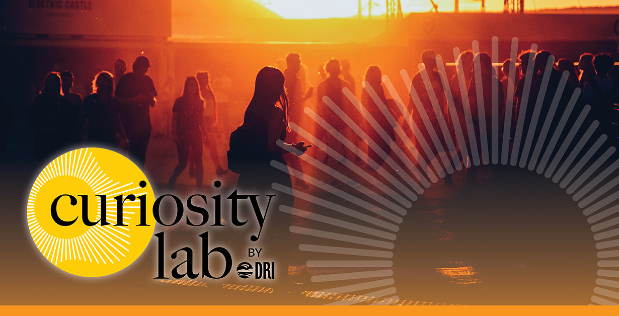 CL Under the Sun Vegas May 14 Curiosity Lab logo over an image of people walking through a reddish haze.