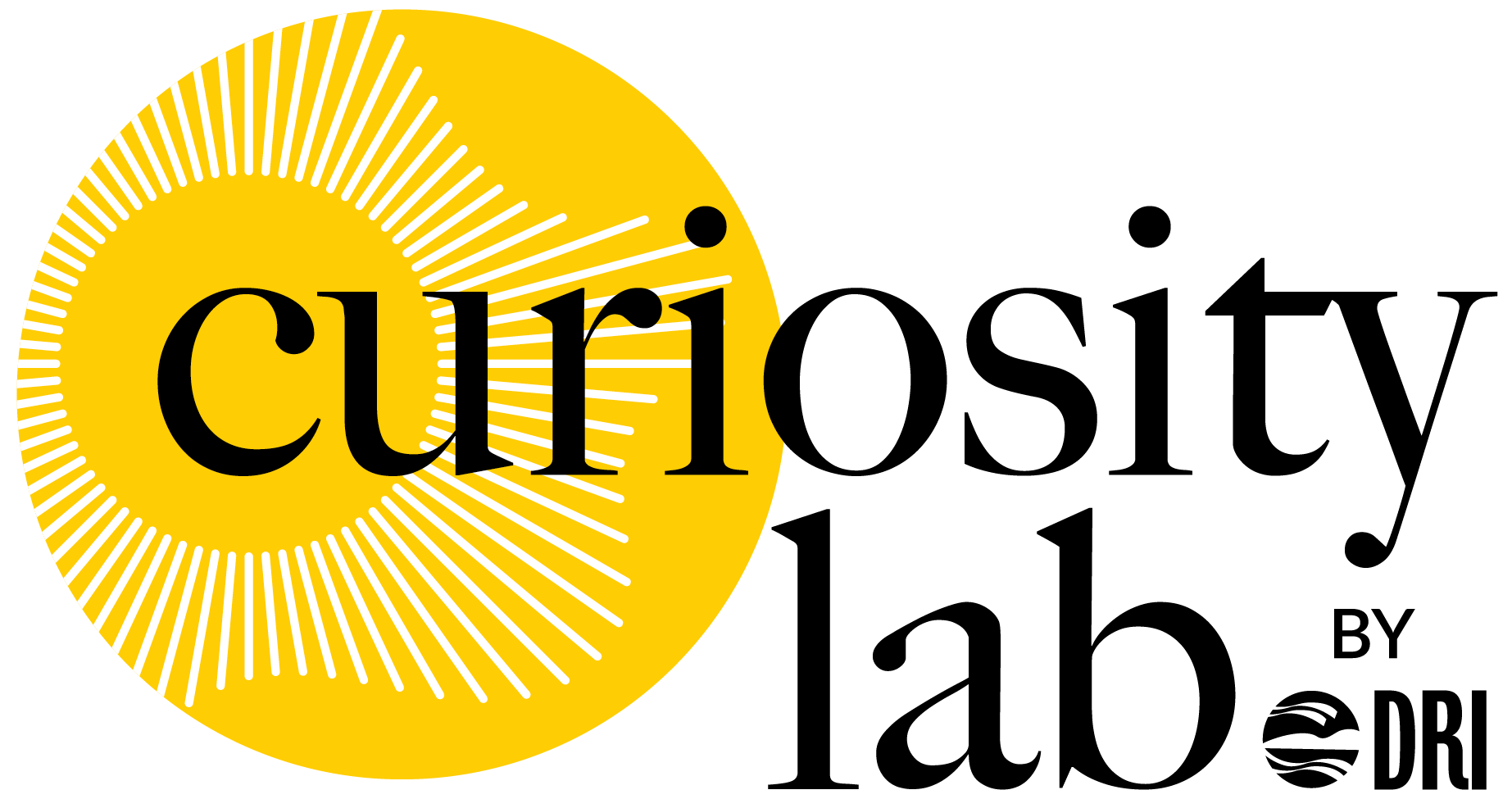 CLPrimaryLogo Curiosity Lab by DRI with a yellow circle with a sunburst pattern.