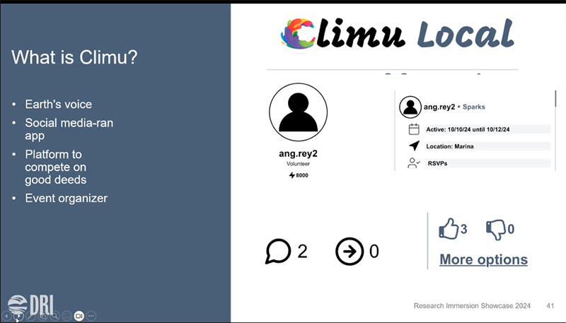 Screenshot of Climu Local showing a profile screen as well as info about Climu.