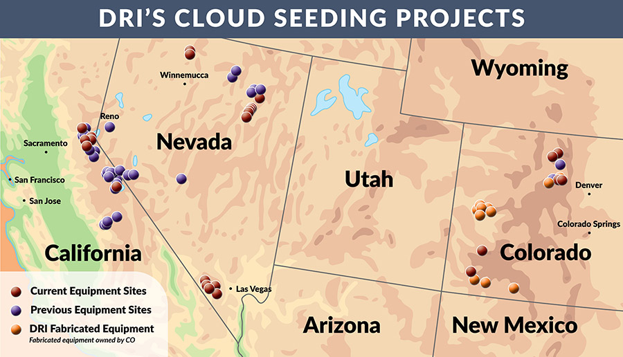 Cloud Seeding Sites 900px Map of Nevada, California, and Colorado cloud seeding projects.