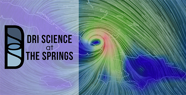 Blue map with green lines with DRI Science at the Springs Logo