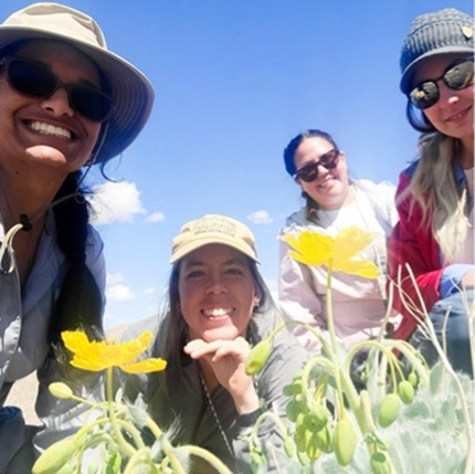 EcoLab Technicians 430px Four people in a field of yellow flowers smiling at the camera with blue sky in the background.