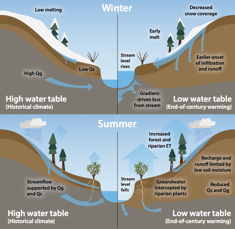 A graphic in four quadrants show the high and low water table in winter and summer.