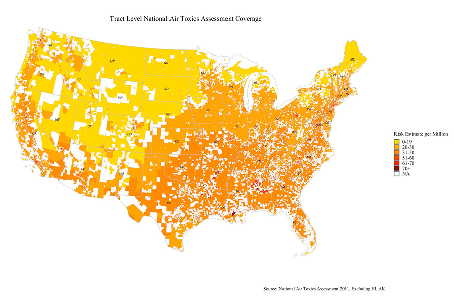 Map of the contiguous United States showing colorful areas from yellow to red indicating Tract Level Air Toxics Assessment Coverage.