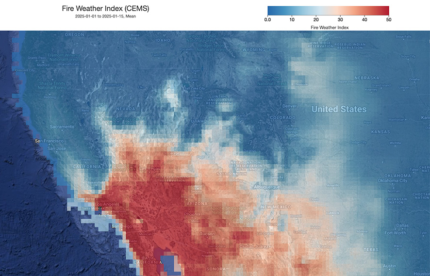 Map of the Southwestern Unites States showing the fire weather index in colors ranging from blue to red. Largest red areas over Southern California, Arizona, and Mexico.