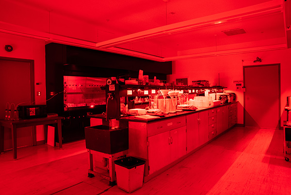 Luminescence-001_Web A lab with a center island and equipment on the counter is bathed in a deep red glow.