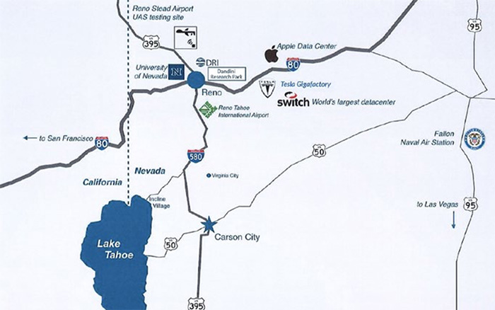 Screenshot Map of Reno/Tahoe area highlighting DRI, UNR, Tesla, and Switch