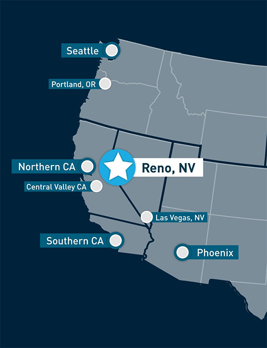 Screenshot Map of western states highlighting where Reno. is located in Northern Nevada.