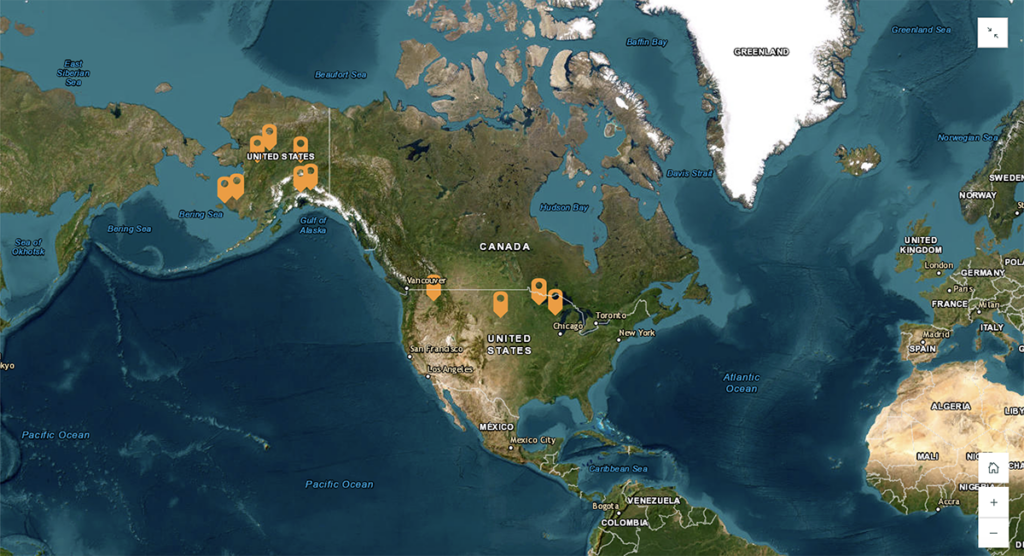 Map of North American with orange markers indicating locations of extreme weather events.
