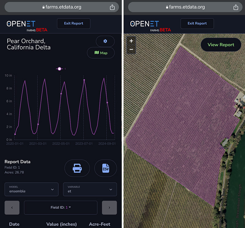 Image that shows two examples of the FARMS mobile interface with a graph and aerial image.