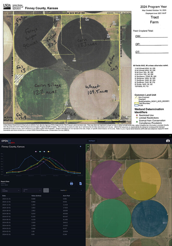 Two images put together to show a section of the report that shows an aerial view of field and the OpenET FARMS interface.