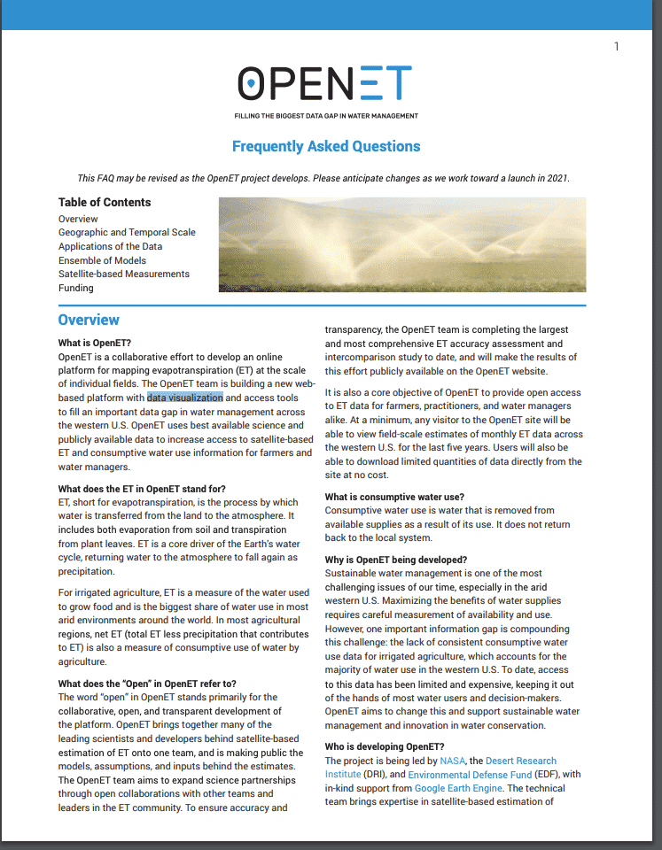 OpenET FAQ page