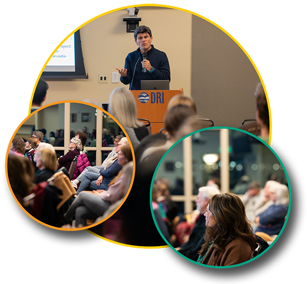 Photo Bubbles 600px Photos in a circle pattern featuring a speaker at a podium and the audience listening.