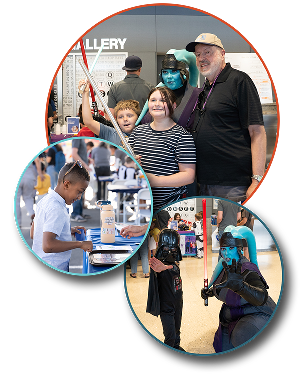 Photo Bubbles MTSBWY Web 600px2 Collage of photos of kids posing with Star Wars characters and doing STEM Activities.