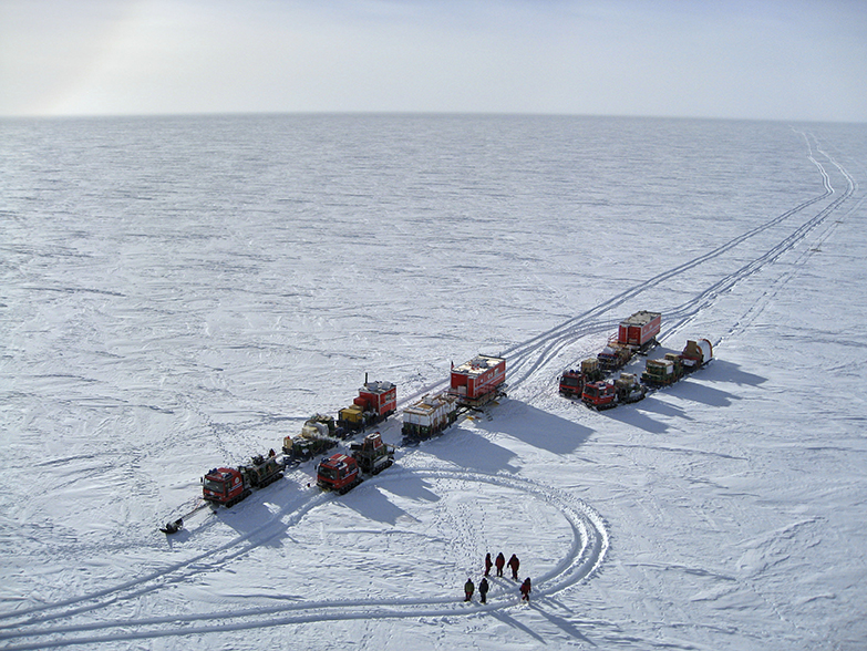 Caravan of researchers on the East Antarctic Ice Sheet.