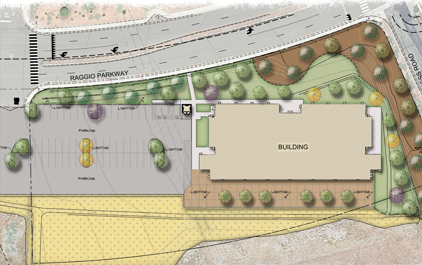 Screenshot Map of Research Park Building One with Roadway and parking lot.