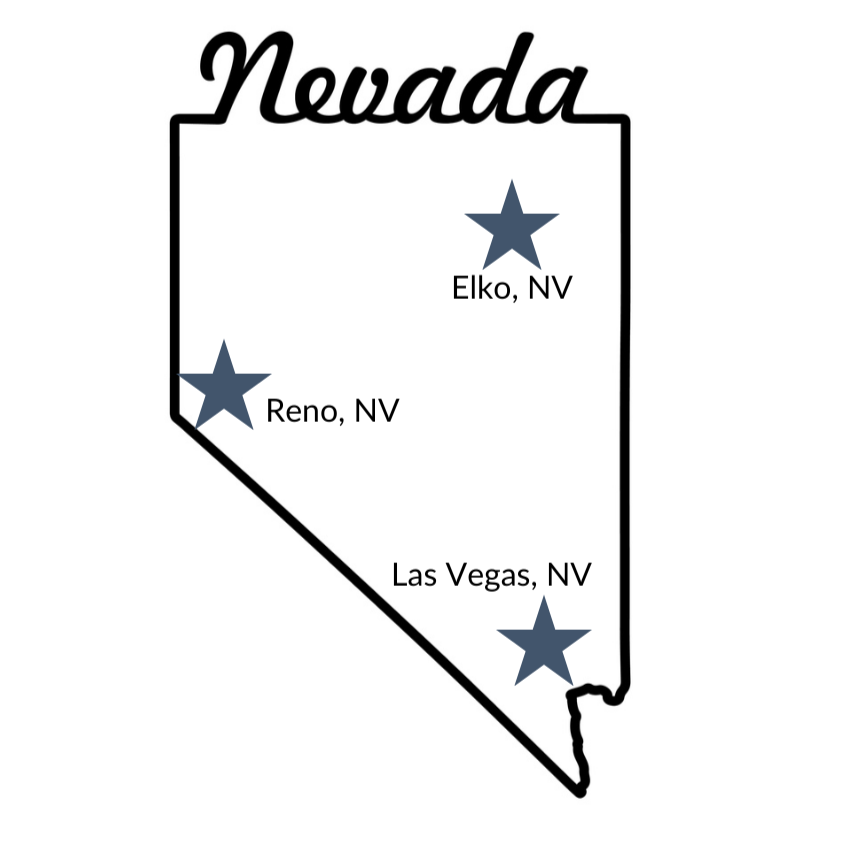 Reno-NV-1-1 Simple map of Nevada with Stars over Elko, Las Vegas, and Reno.