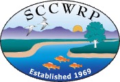 SCCWRP Logo of a river bank with fish and sky and mountains with birds. 