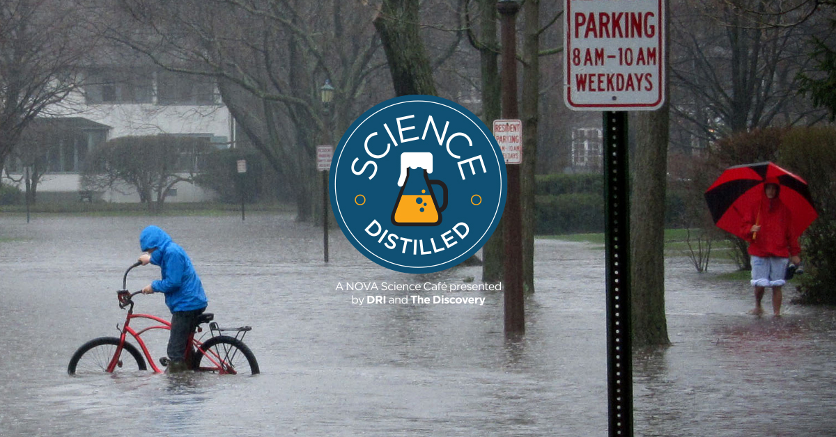 Science Distilled Logo over am image over a flooded city street.
