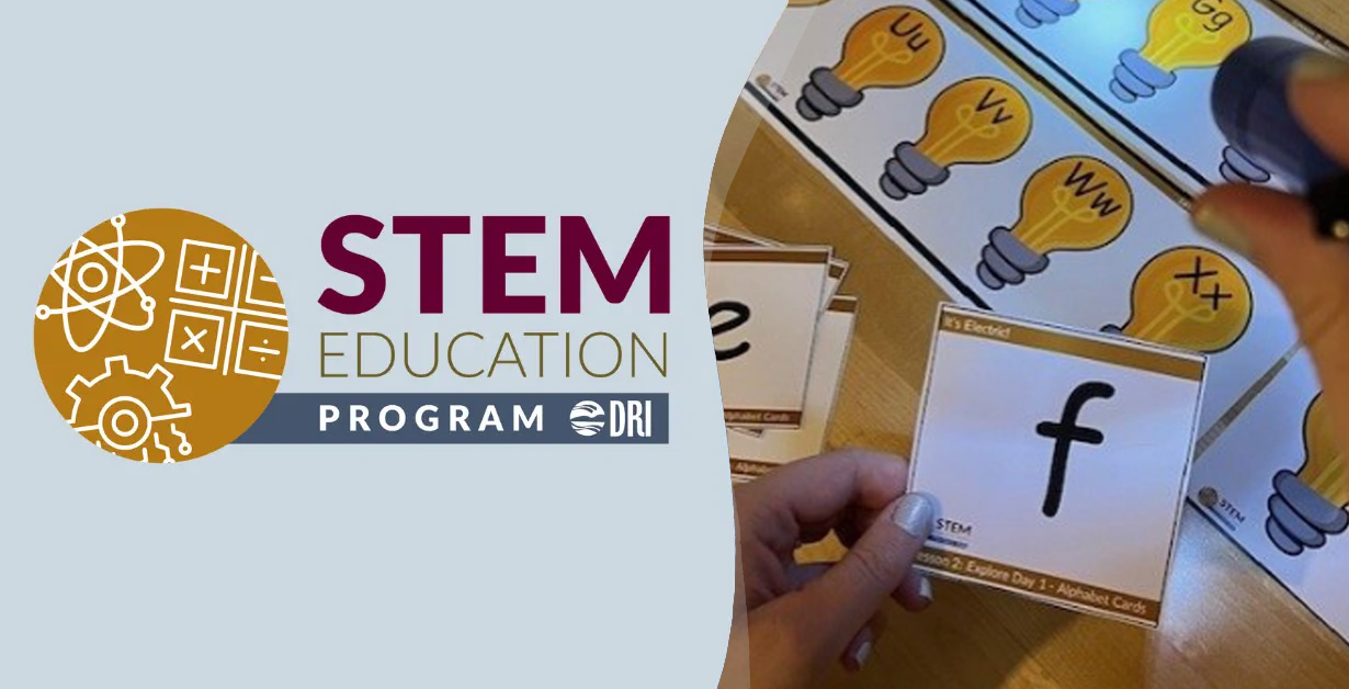 STEM Education Program Logo with image of a hand selecting a card with the letter F and pressing buttons on a board.