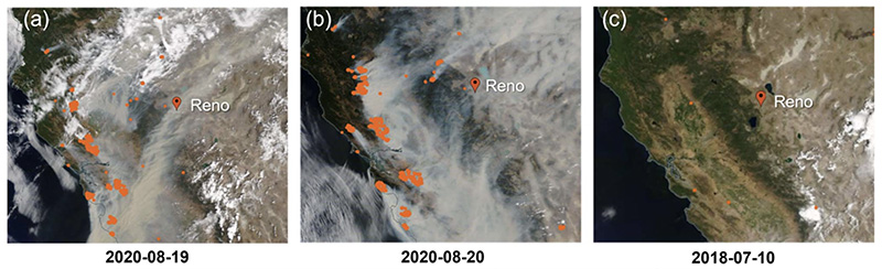 Three satellite images that show smoky days in the Reno area over a period of time from 2018-2020