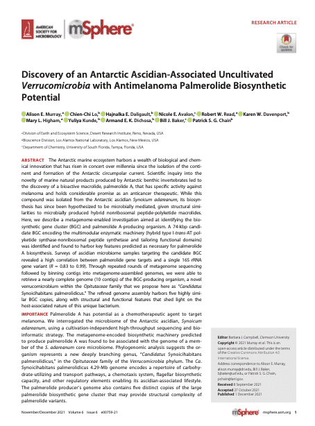 Screen Shot 2021-12-01 at 9.14.22 AM Discovery of an Antarctic ascidian-associated uncultivated Verrucomicrobia with antimelanoma palmerolide biosynthetic potential