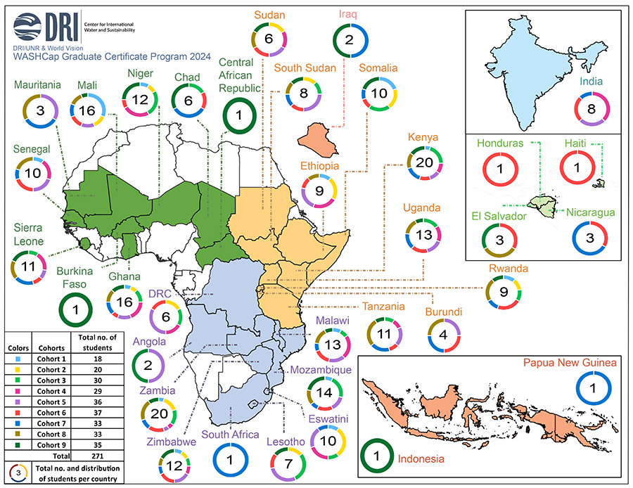 V4_WASHCap_C9_Ver1 Map of countries that shows the geographical distribution of DRI Cohort 1.