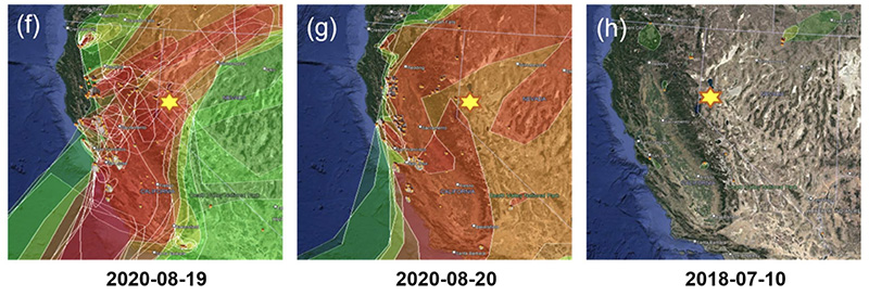 Three visualizations of wildfire smoke density around Reno over a period of time 2018-2020.
