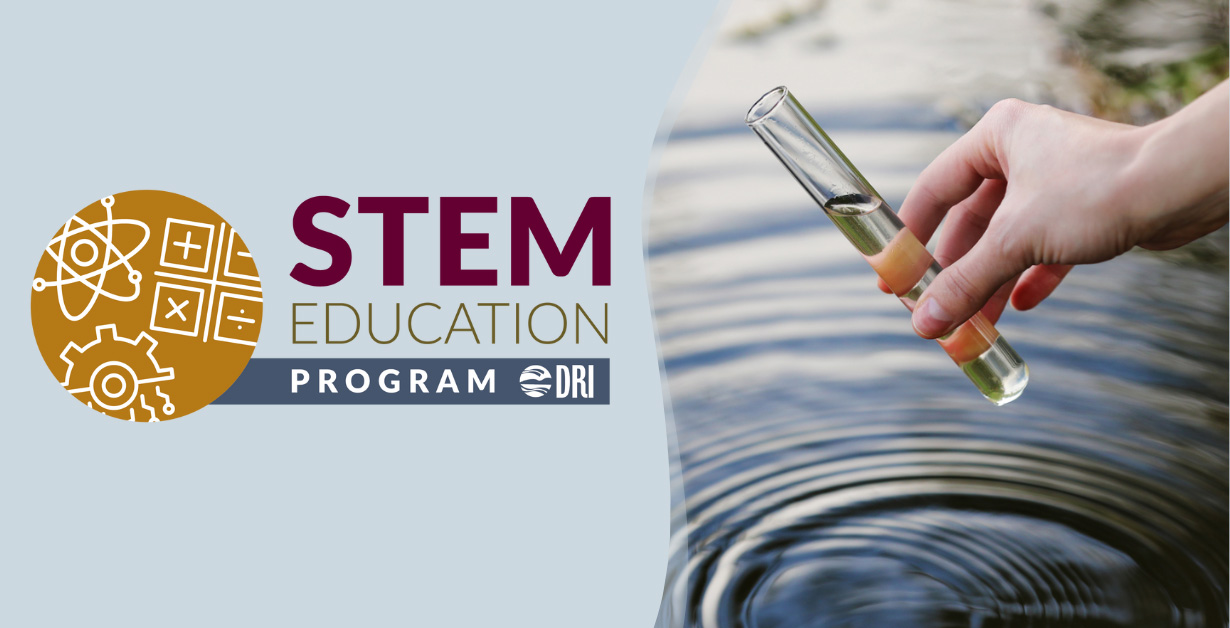 PD Website Banners – Meeting the Future DRI STEM Education Program Logo with image of a researcher collecting a water sample in a water source.