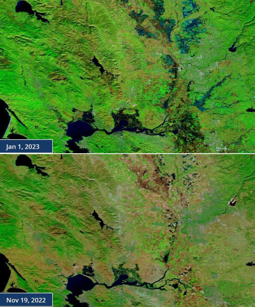 Satellite image of winter flooding showing the extent of flooding following heavy rains.