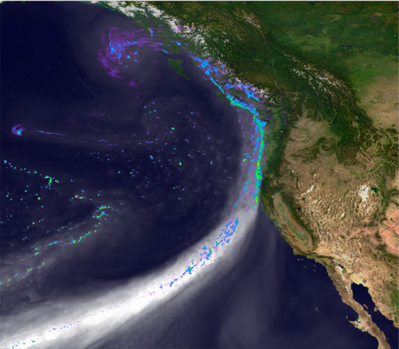 Simulated satellite image of a weather pattern curving along the west coast of the United States.