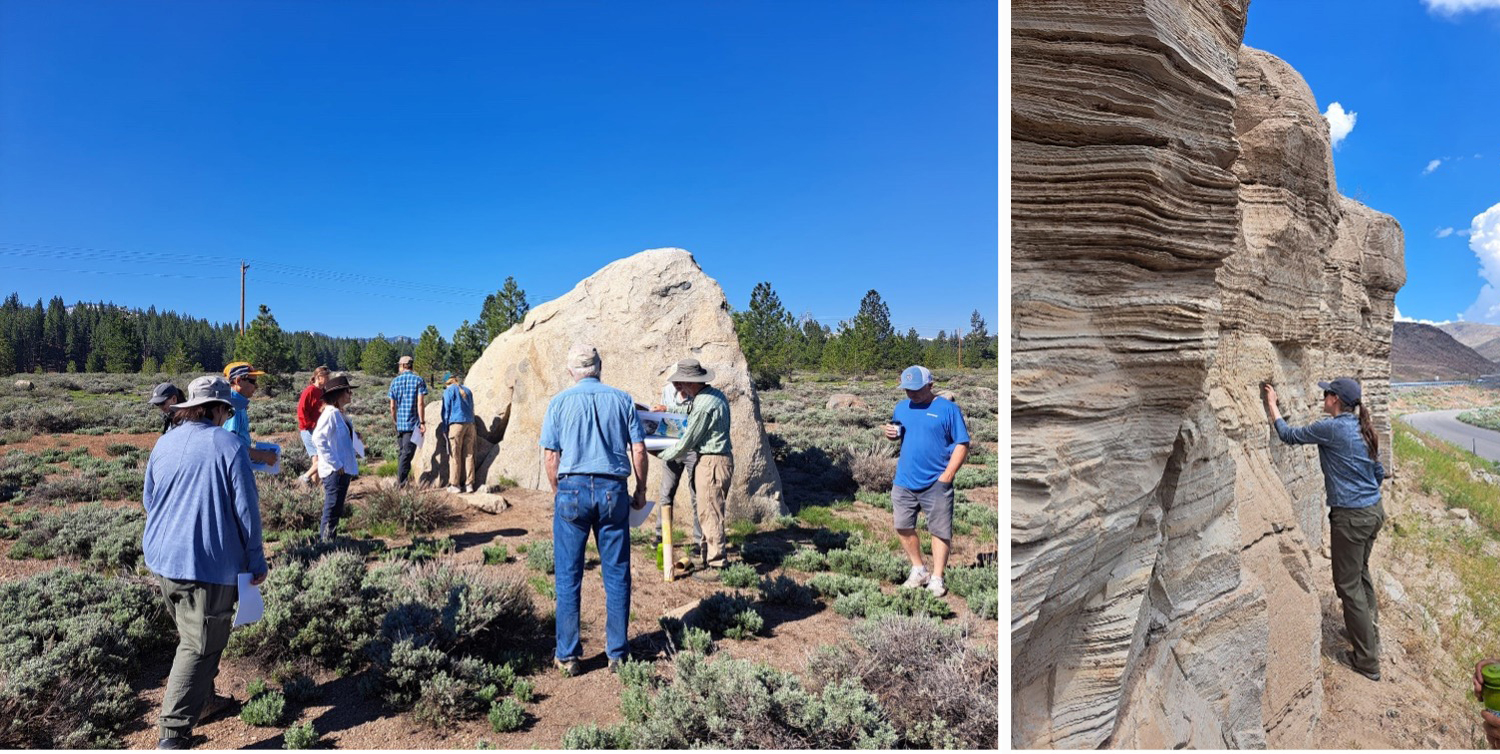 field trip collage Photo of researchers around a rock formations in Great Basin region.