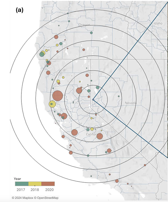 Map with Reno in the center with colorful circles that indicate the year and size of wildfires that affected Reno.
