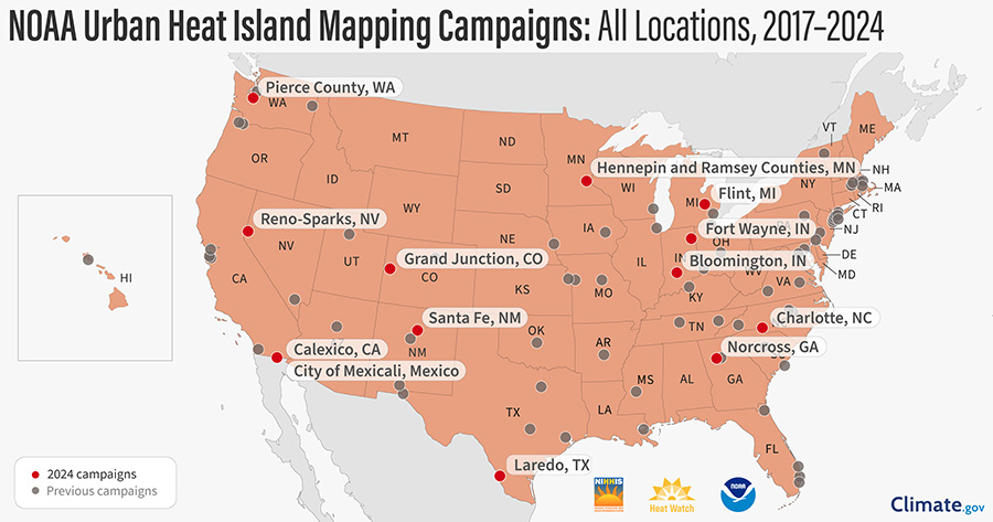 Map of the United States showing where NOAA has or had Urban Heat Island Mapping Campaigns over the span of 2017-2024.
